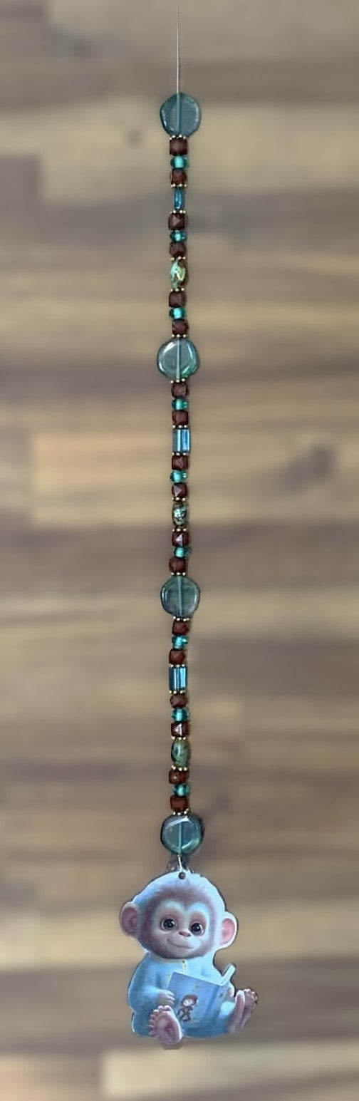 Window Dangly - Baby Monkey Teal Brown Beads