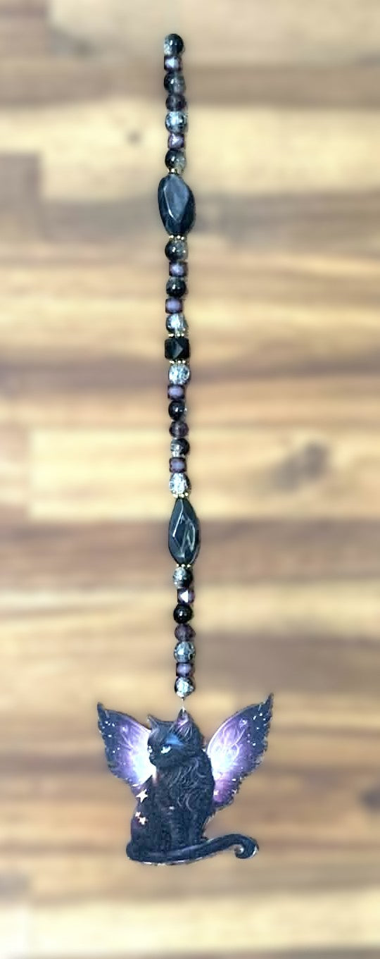 Window Dangly - Fairy Cat Black Purple Beads