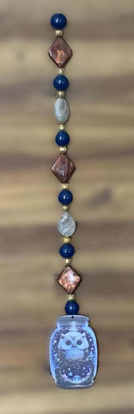 Window Dangly - Galaxy Owl Jar Navy Copper Beads