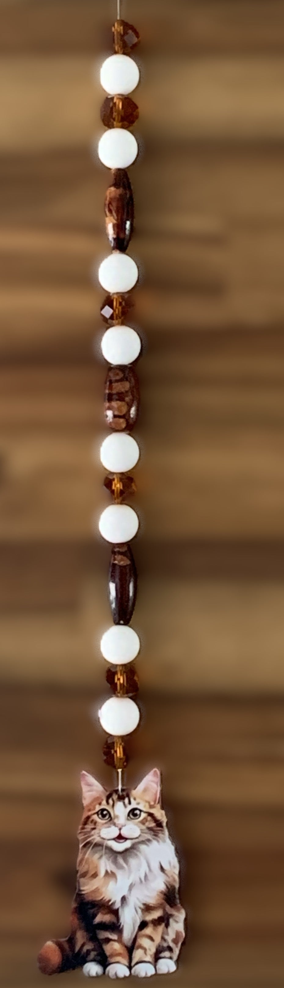 Window Dangly - Tabby Cat White Amber Beads