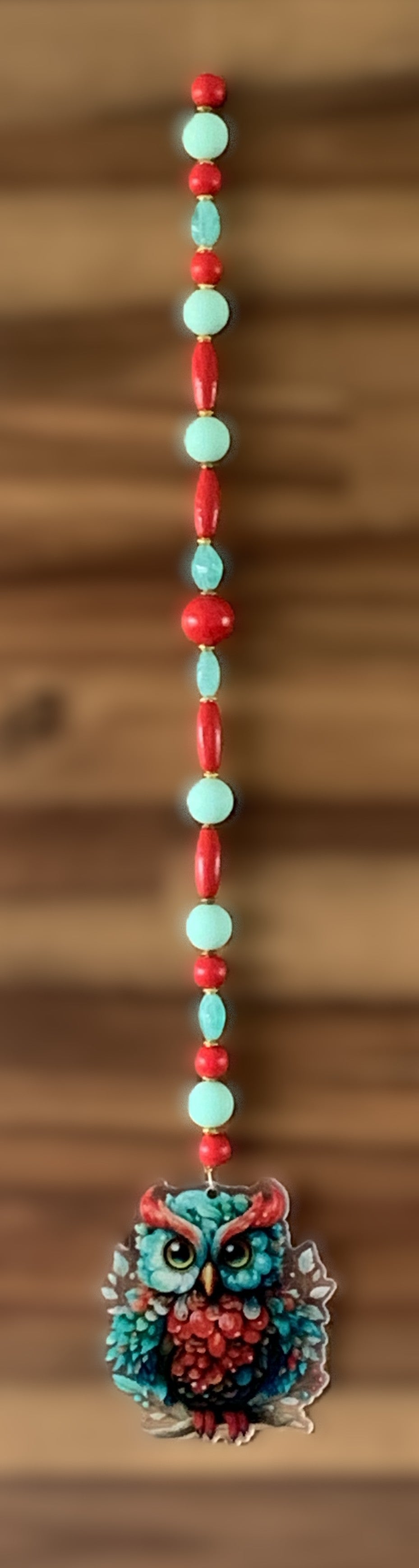 Teal & Red Owl Window Dangly