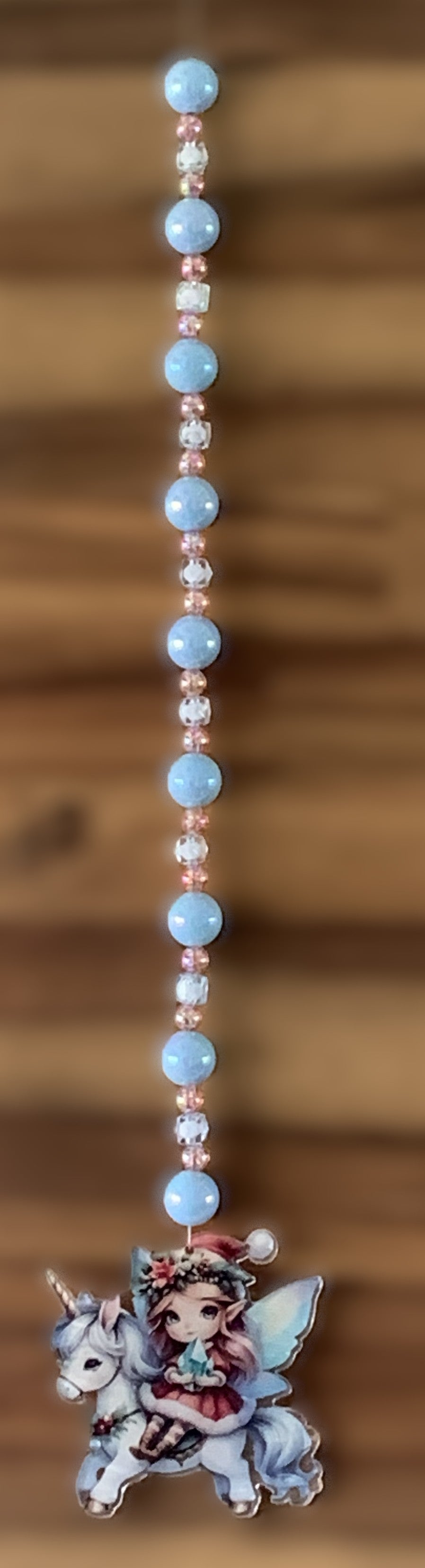 Fairy Riding Unicorn Sky Blue Rose Gold Bead Dangly