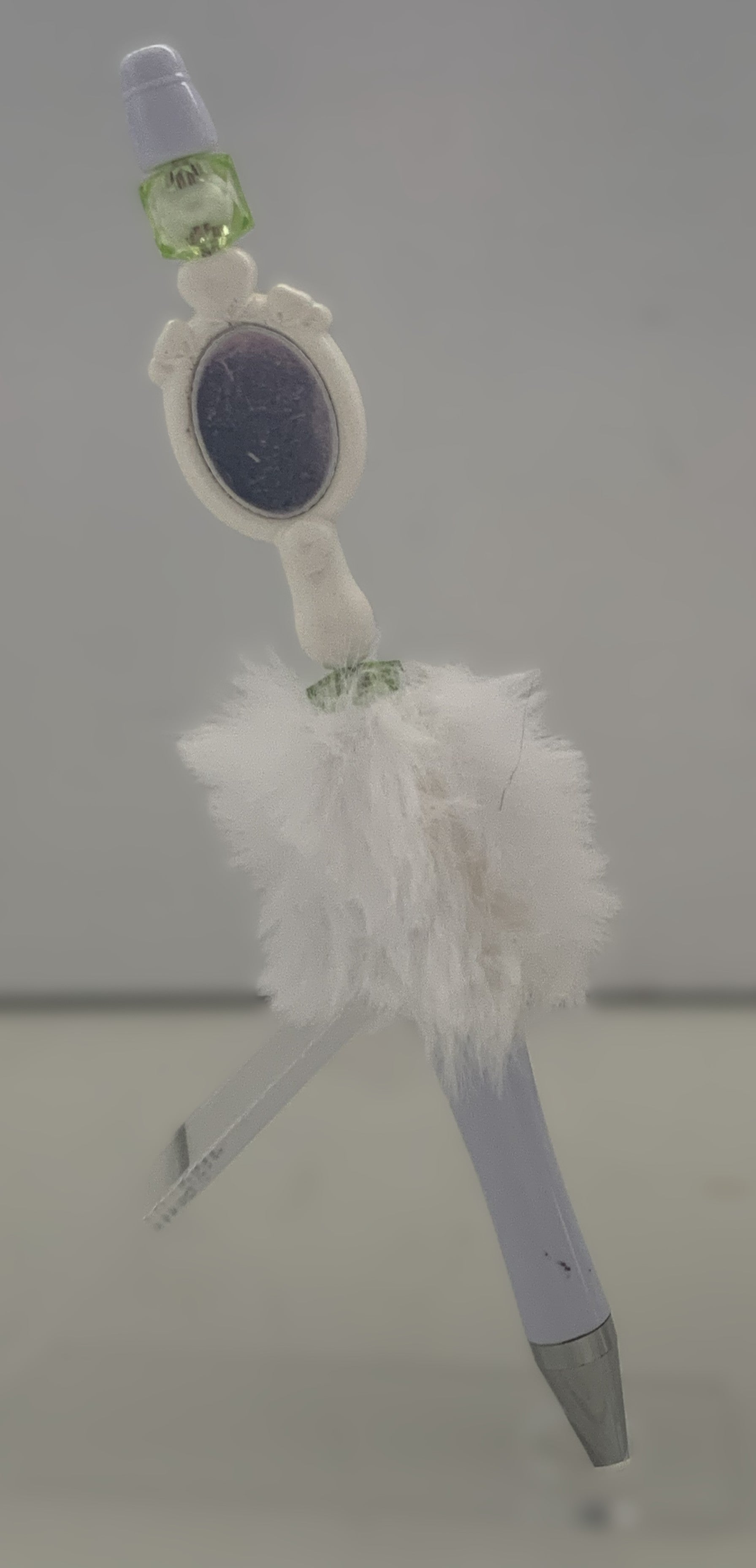Fluffy Pen - White Vanity Mirror Charm with Green Gem Topper