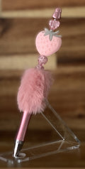 Fluffy Pen - Pink Strawberry Charm with Heart Gem Beads
