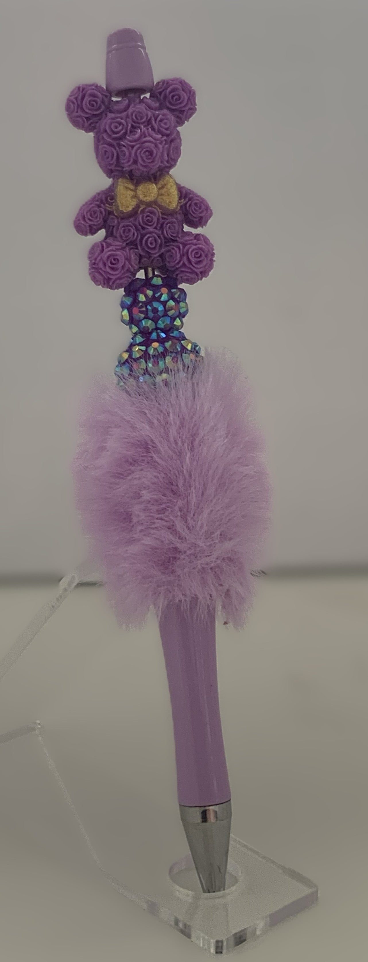Fluffy Pen - Lavender Rose Teddy Bear with Gold Bow Tie and AB Crystal Beads