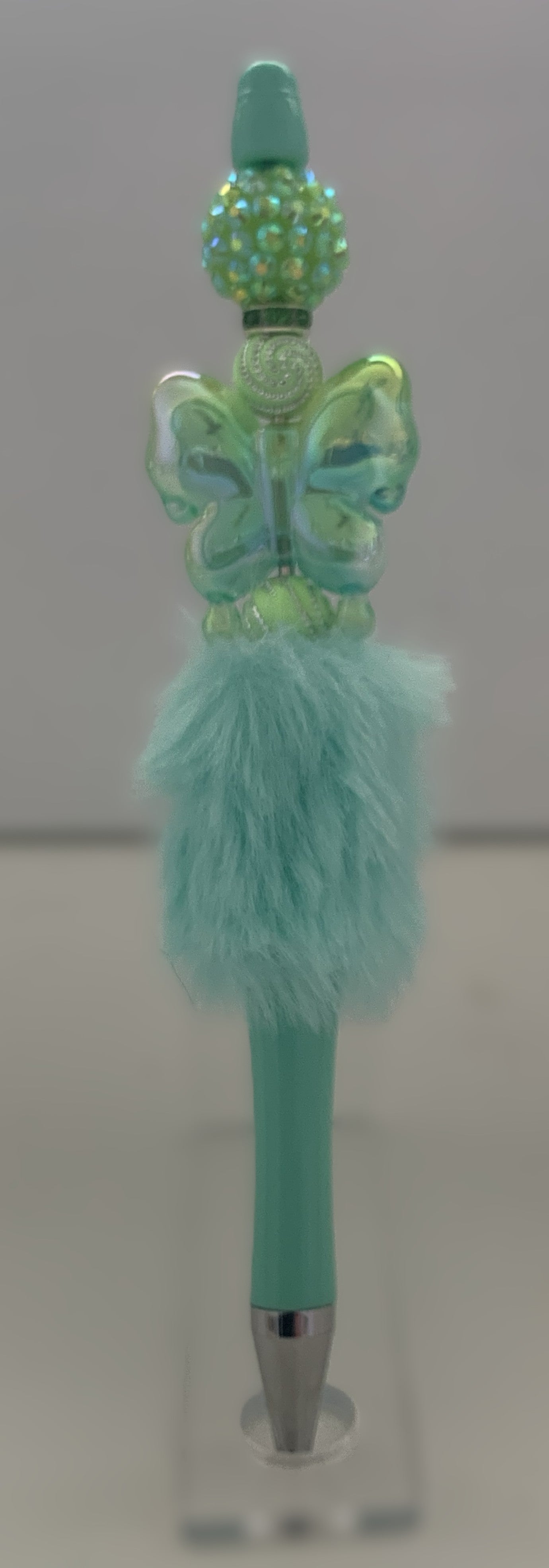 Fluffy Pen - Mint Teal Butterfly Charm with Rhinestone Topper
