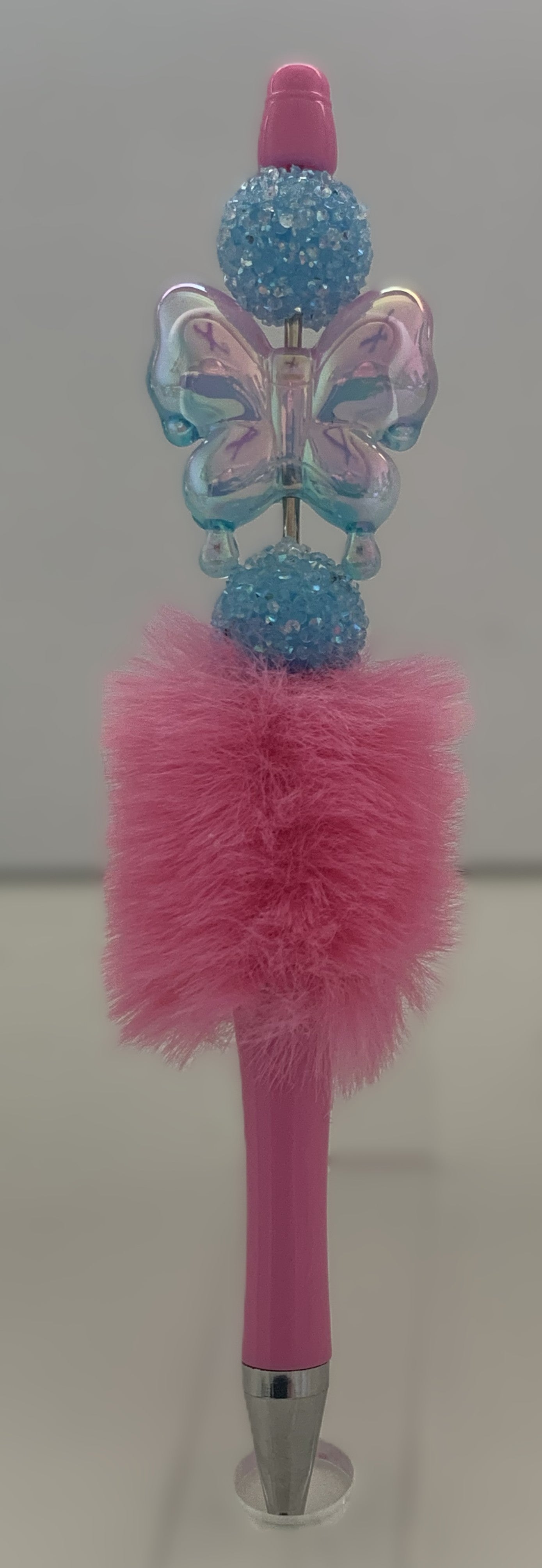 Fluffy Pen - Hot Pink Iridescent Butterfly with Blue Rhinestone Disco Ball Beads