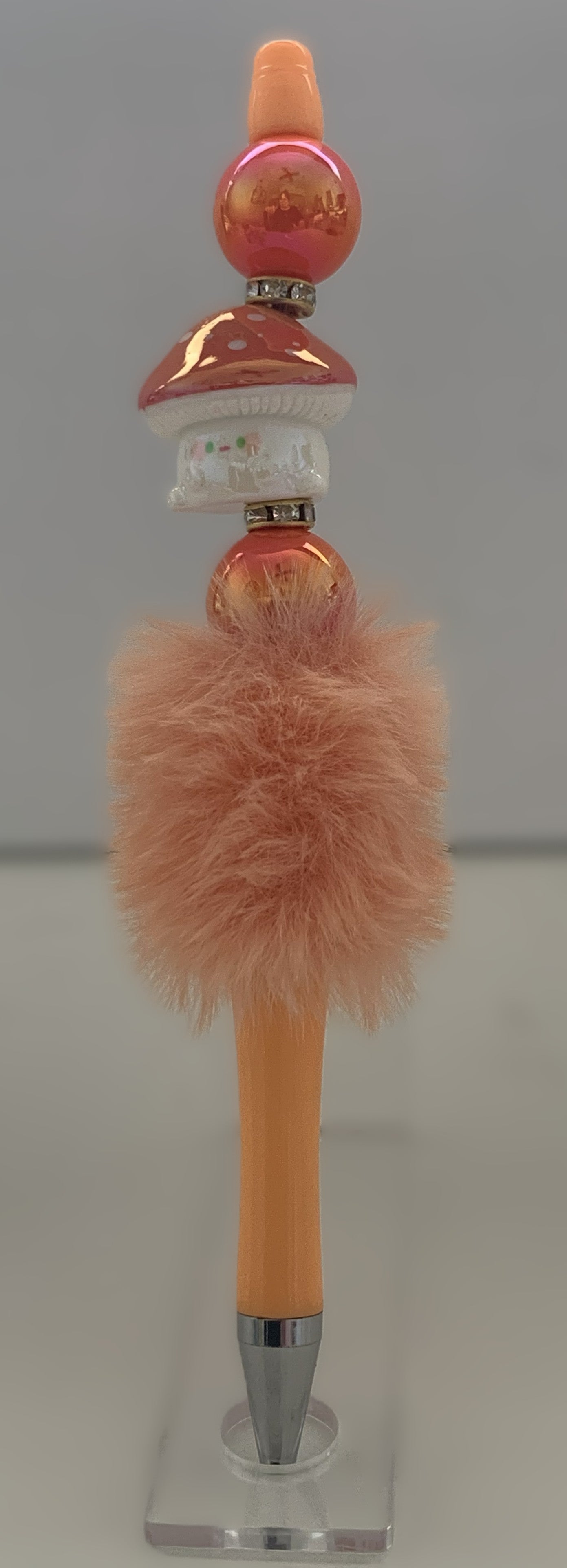 Fluffy Pen - Peach Orange Mushroom Charm with Stacked Beads and Rhinestone Spacers