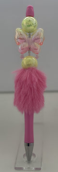 Fluffy Pen - Pink Iridescent Butterfly with Yellow Gold Disco Ball Beads