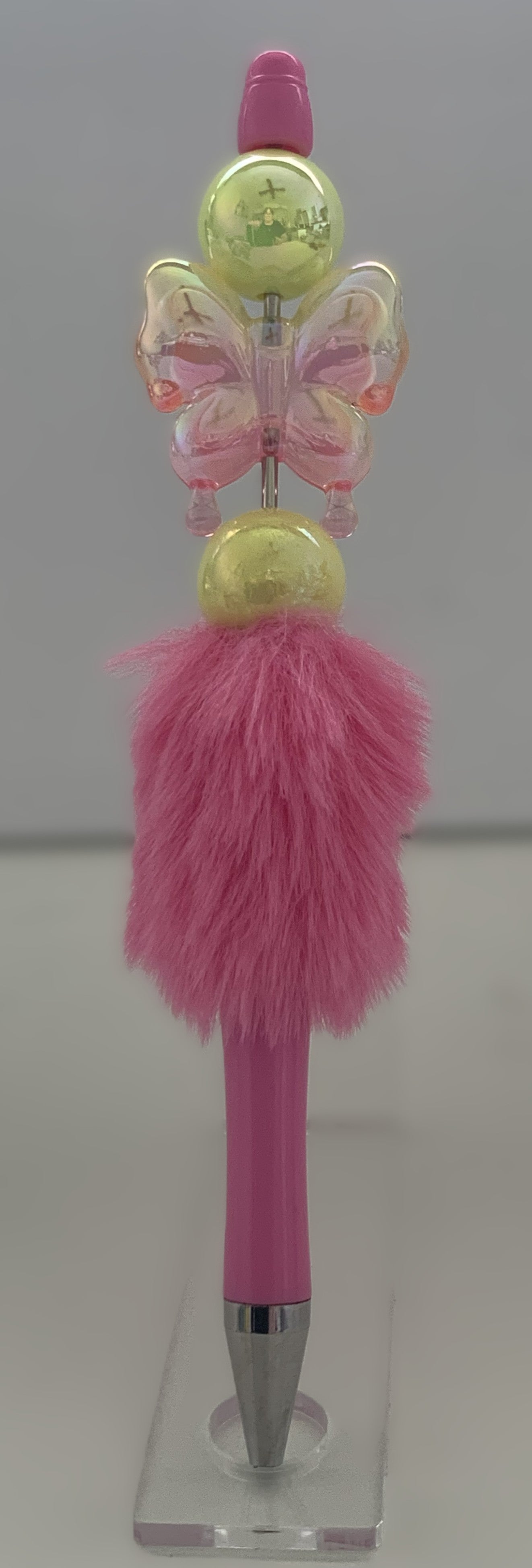 Fluffy Pen - Pink Iridescent Butterfly with Yellow Gold Disco Ball Beads