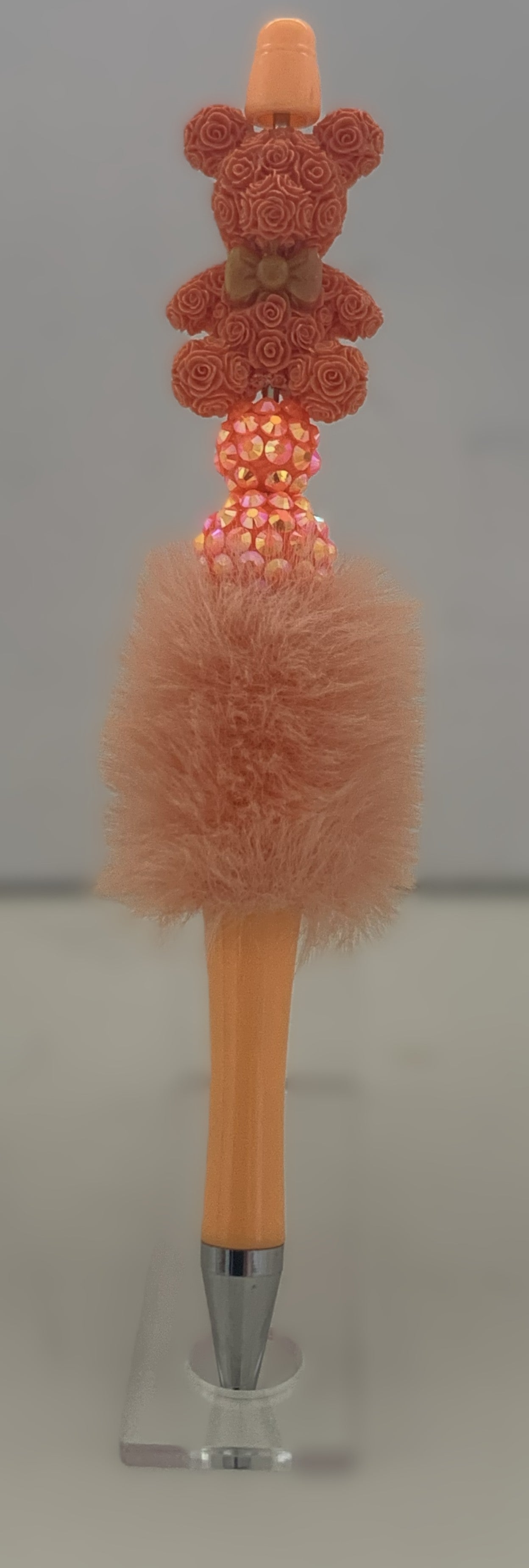 Fluffy Pen - Peach Rose Teddy Bear Charm with Rhinestone Topper