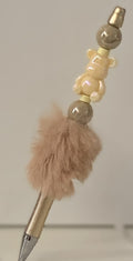 Fluffy Pen - Champagne Pearl Teddy Bear Charm with Taupe Beads and Gold Topper
