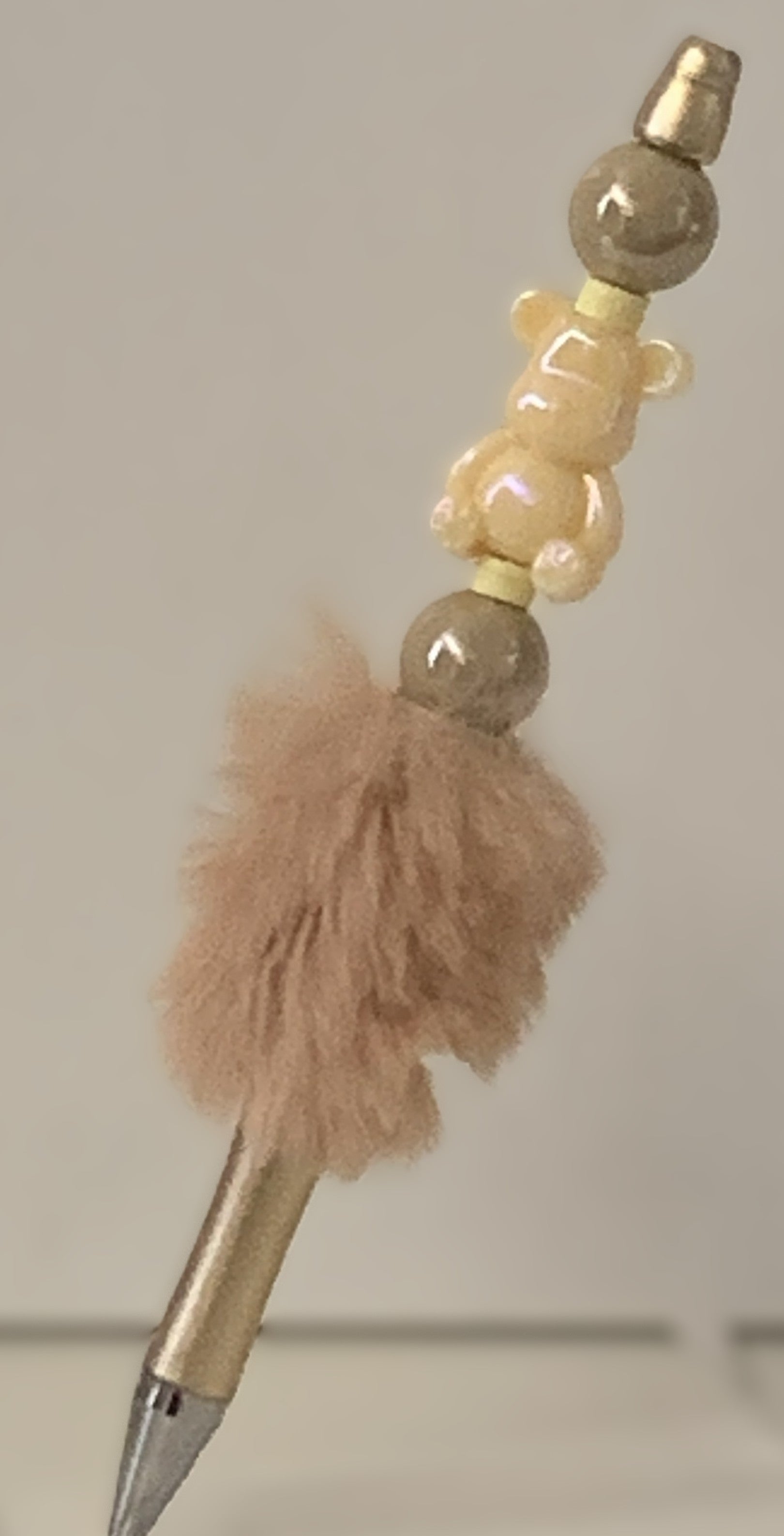 Fluffy Pen - Champagne Pearl Teddy Bear Charm with Taupe Beads and Gold Topper