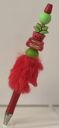 Fluffy Pen - Red Smiling Plant Pot Charm with Lime Green Wooden Beads