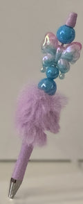 Fluffy Pen - Lilac Pastel Butterfly Charm with Teal Blue Beads