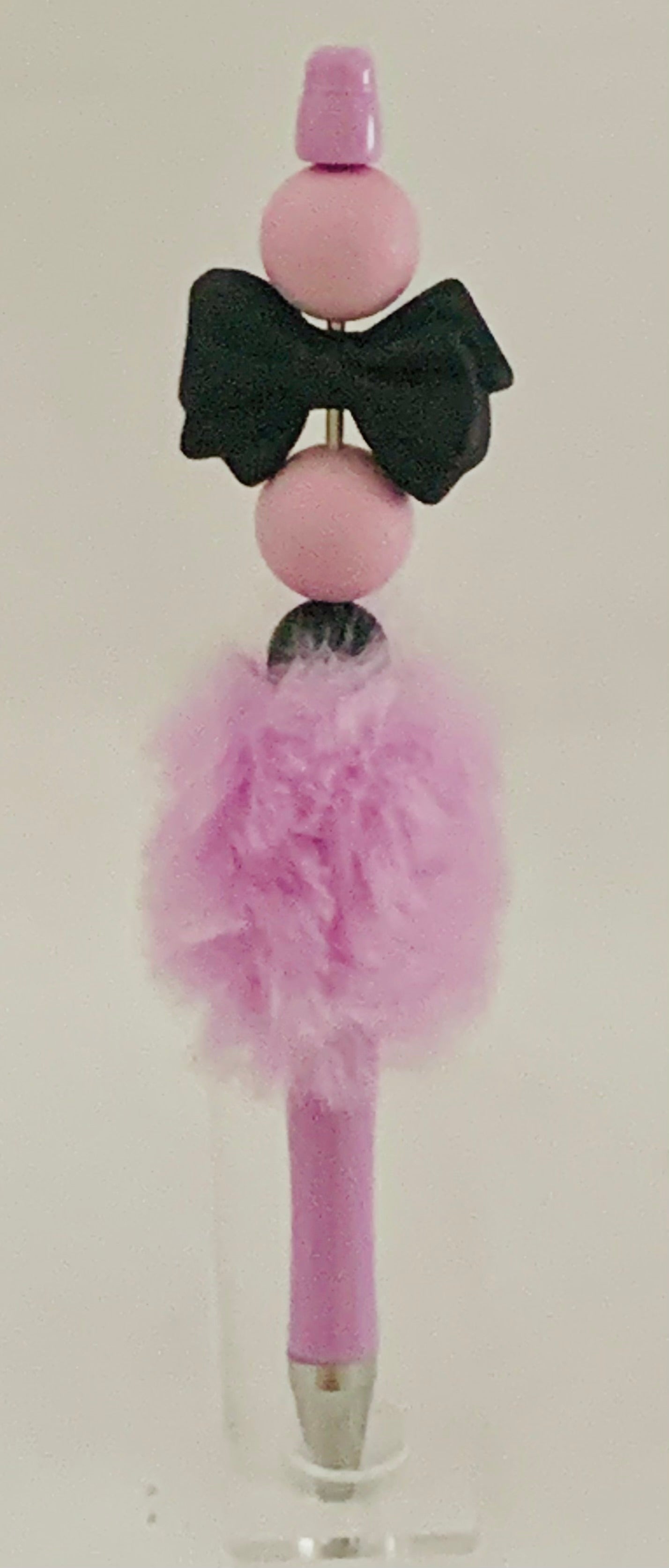 Fluffy Pen - Lilac Black Glitter Bow Charm