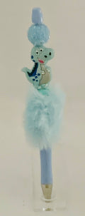 Fluffy Pen - Blue T-Rex Dinosaur Charm with Polka Dot Topper
