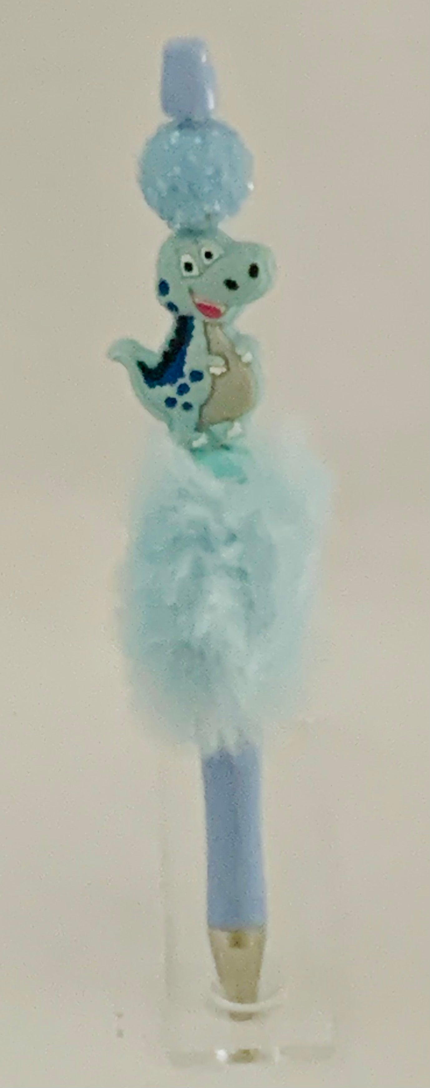 Fluffy Pen - Blue T-Rex Dinosaur Charm with Polka Dot Topper