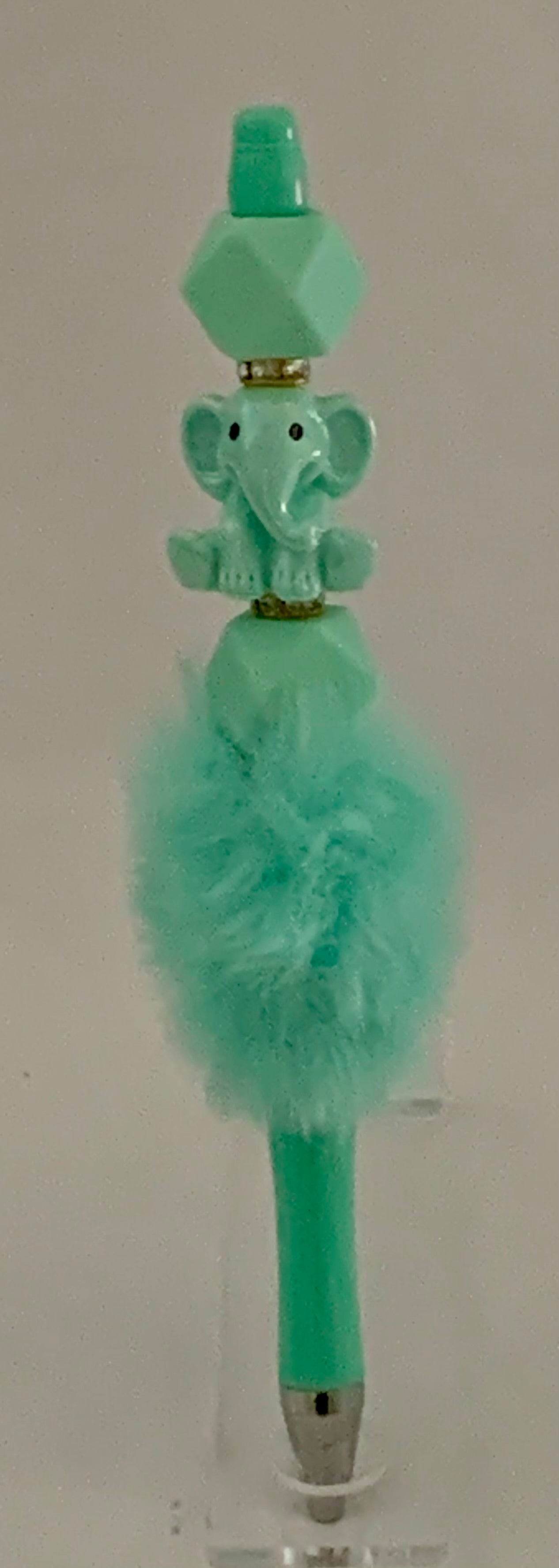 Fluffy Pen - Mint Teal Elephant Charm with Faceted Bead Topper
