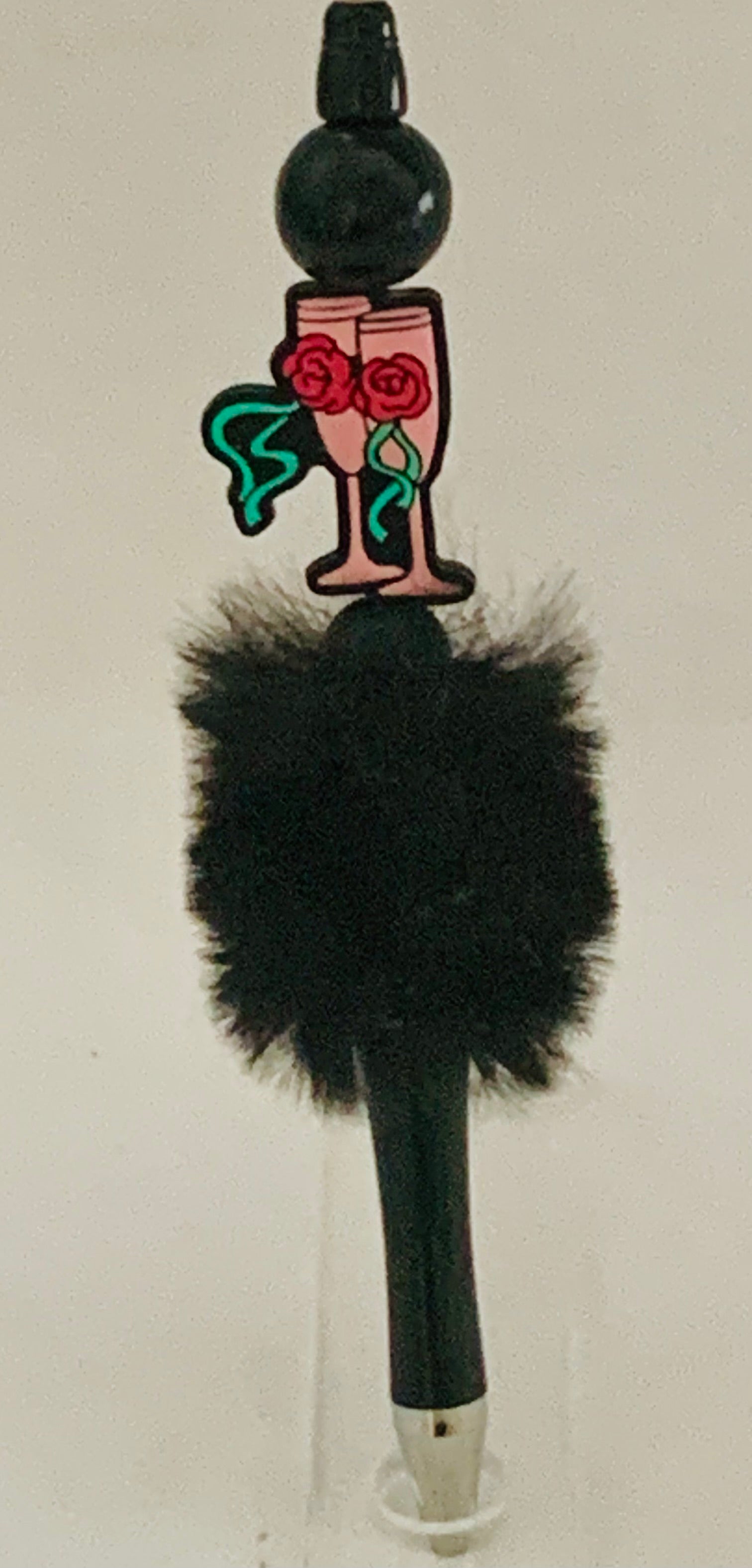 Fluffy Pen - Black Champagne Glasses with Roses Charm