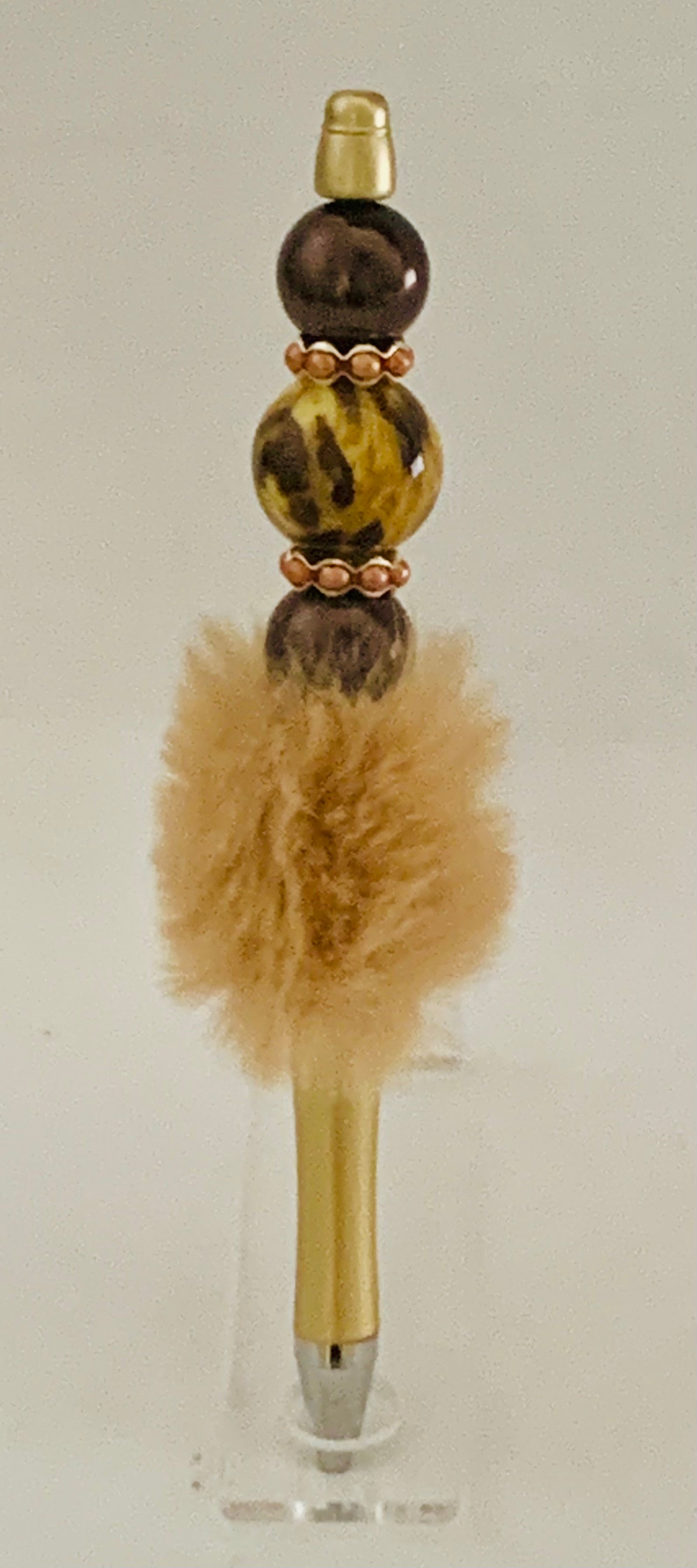 Fluffy Pen - Champagne Leopard Print Beaded with Rose Gold Spacers