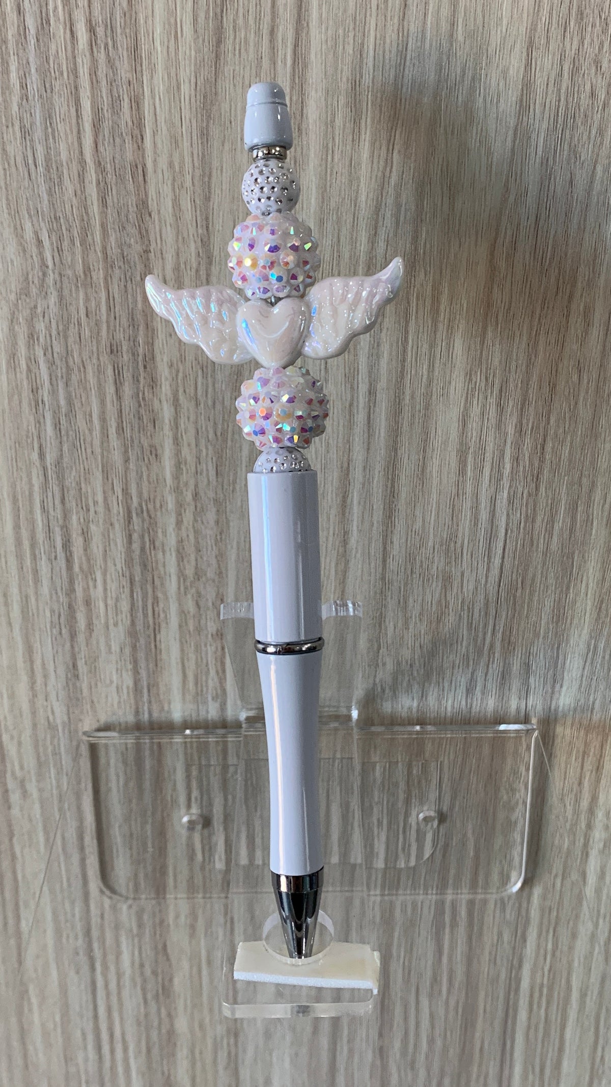 Handmade Angel Wings & White Rhinestone Beaded Pen - Pure White