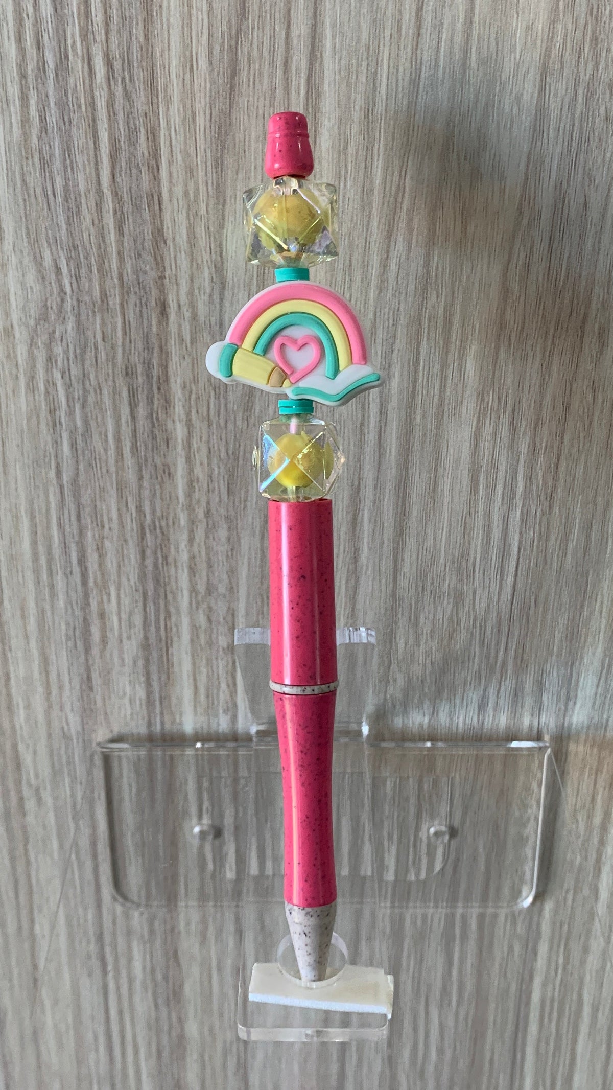 Handmade Rainbow Heart Beaded Pen – Coral Pink