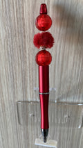 Beaded Pen - Metallic Red Faceted Crystal Ball Beads Fluffy Dark Red Pom Pom