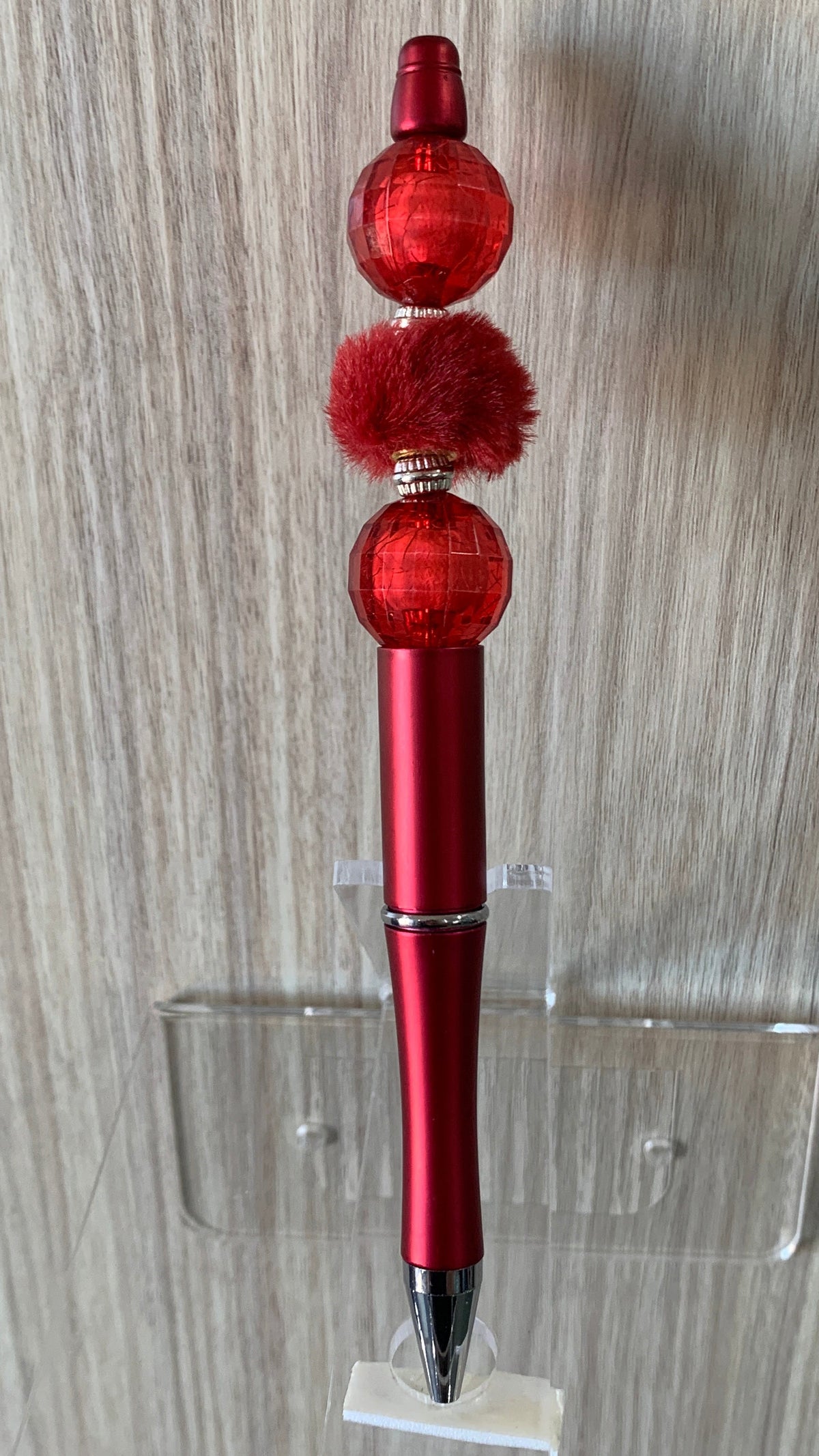 Beaded Pen - Metallic Red Faceted Crystal Ball Beads Fluffy Dark Red Pom Pom