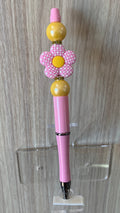 Handmade Checkerboard Flower & Pearl Beaded Pen - Pink & Yellow