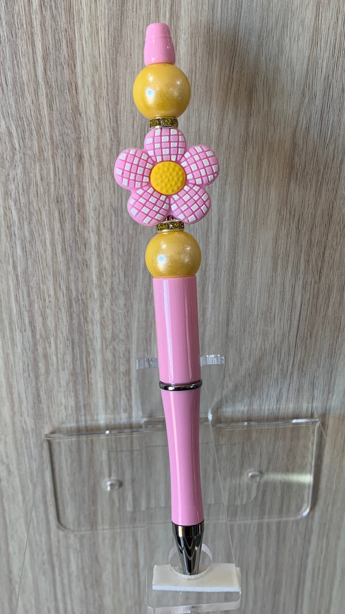 Handmade Checkerboard Flower & Pearl Beaded Pen - Pink & Yellow