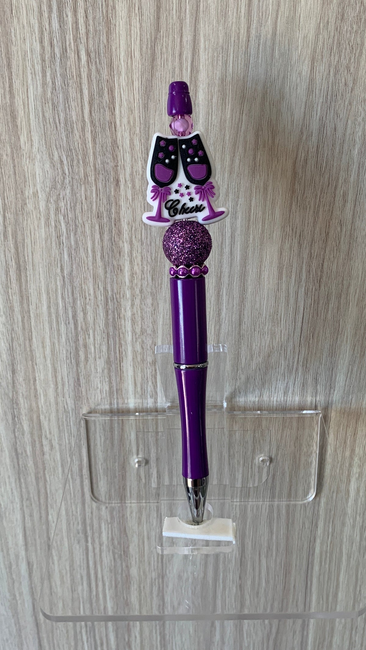 Handmade Cheers Champagne Beaded Pen - Deep Purple & Glitter