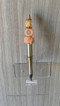 Handmade Peach Daisy & Pom Pom Beaded Pen - Gold & Peach