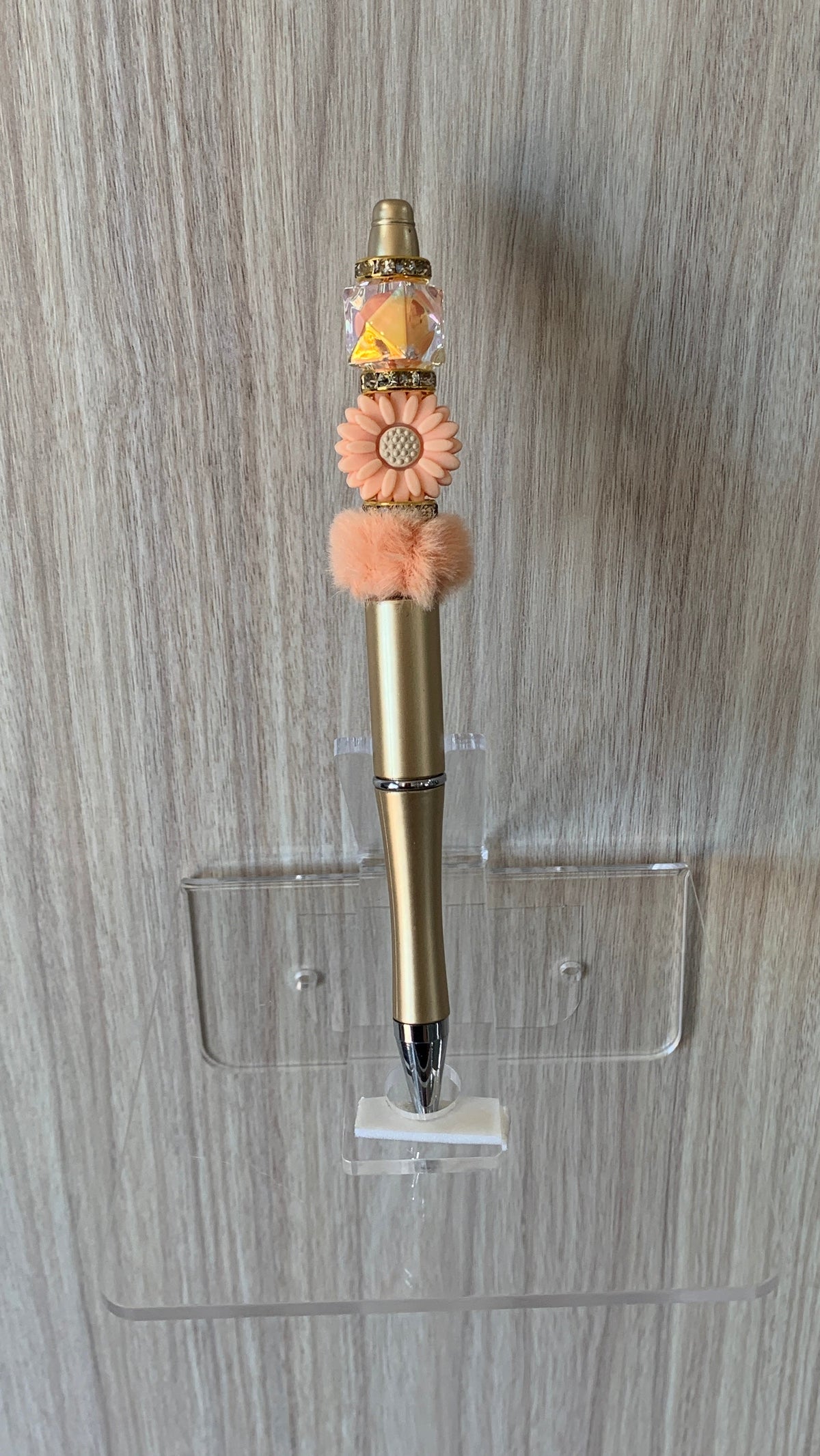 Handmade Peach Daisy & Pom Pom Beaded Pen - Gold & Peach