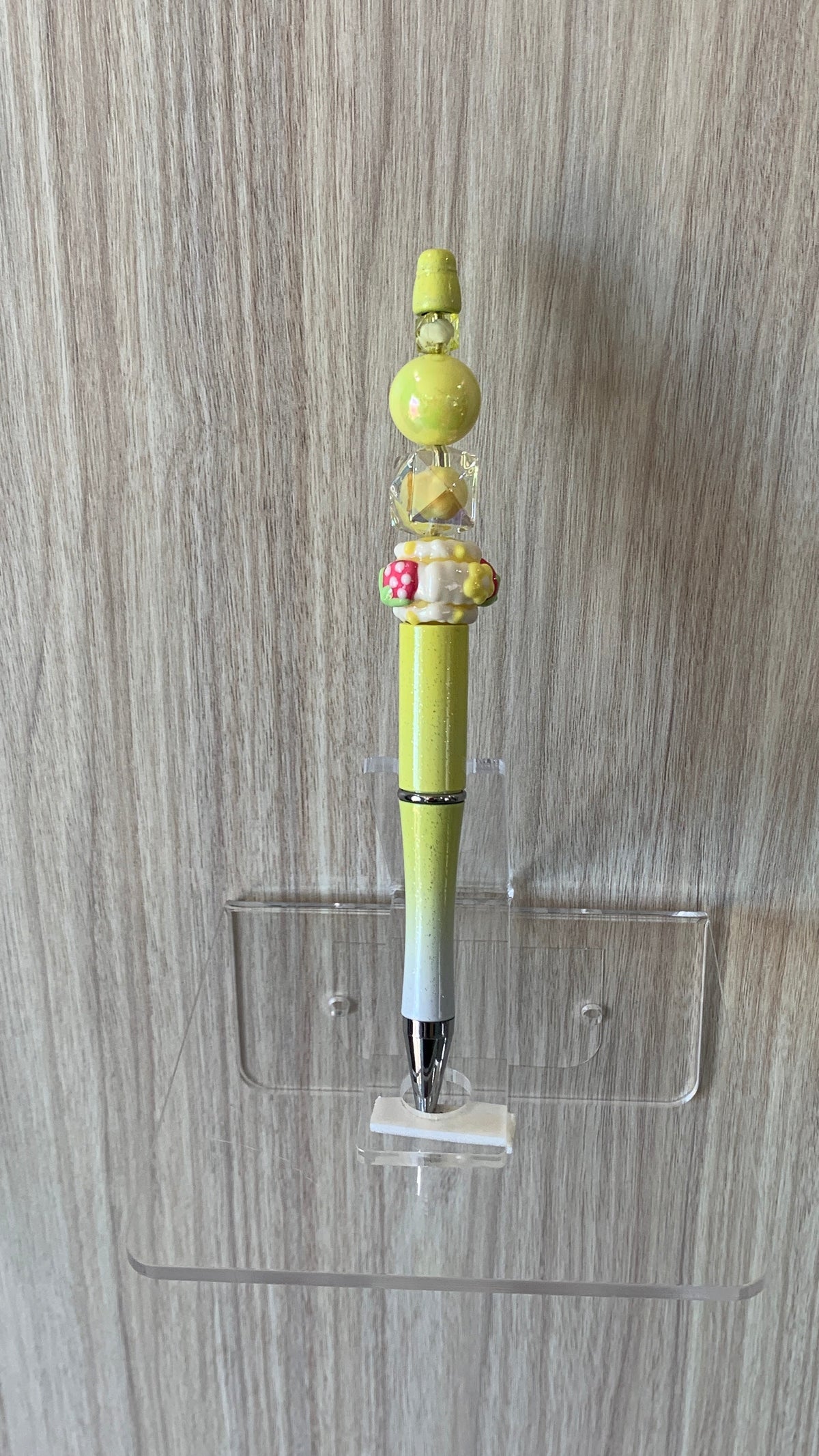 Handmade Mushroom & Crystal Beaded Pen - Lime Yellow & Red