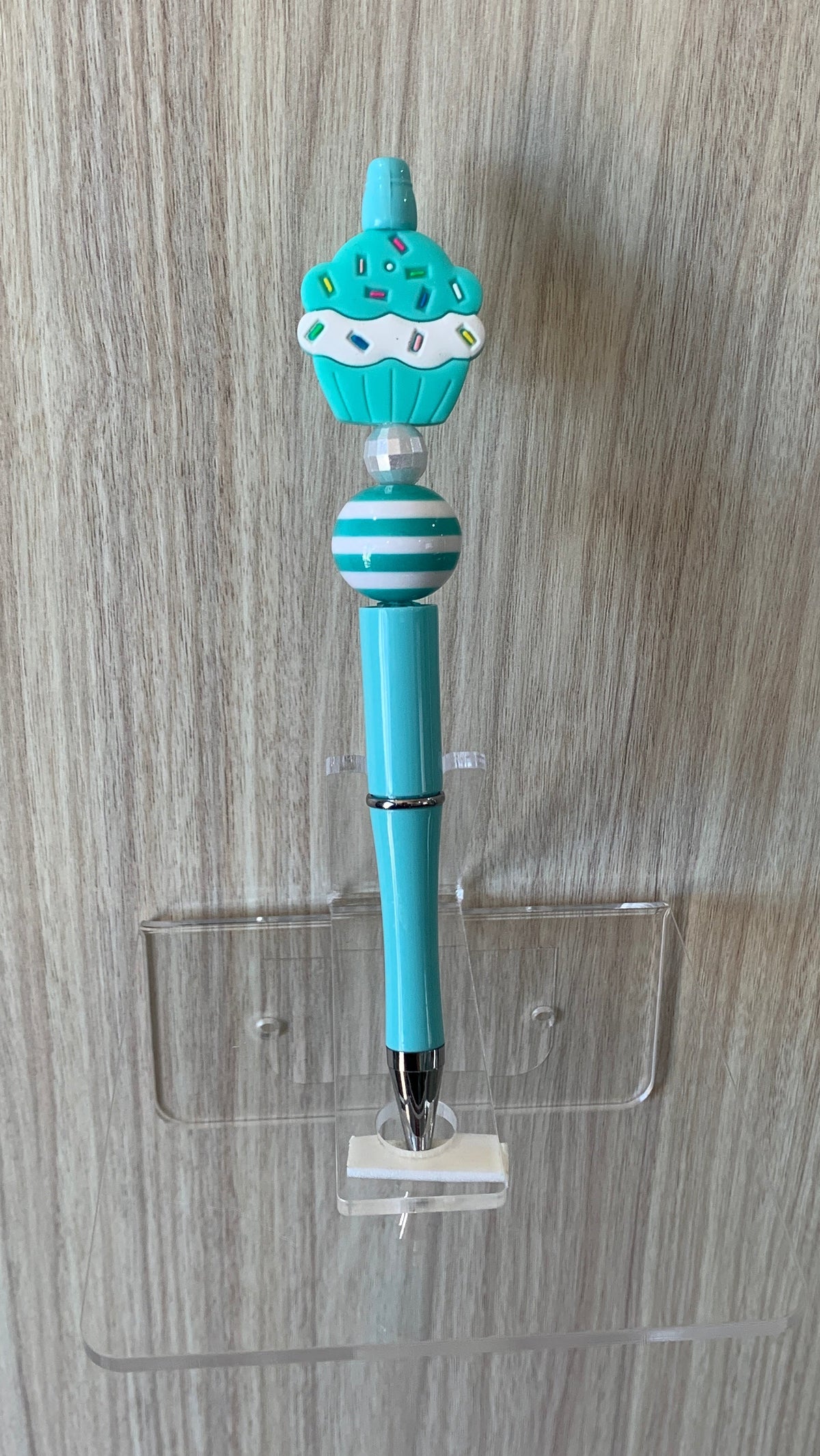 Handmade Cupcake & Stripe Beaded Pen - Teal & White
