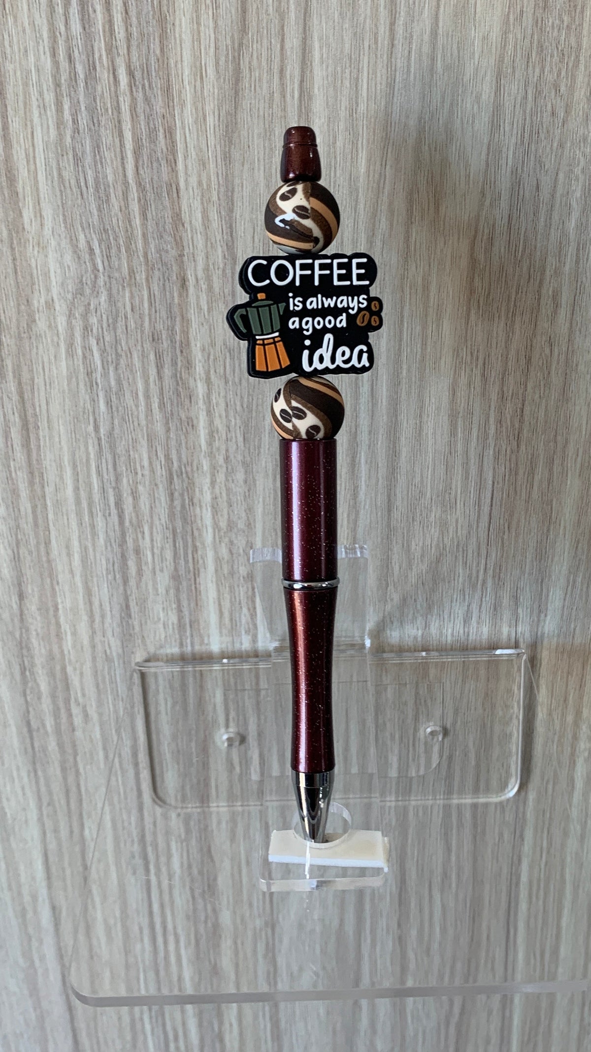 Handmade Coffee Lover Beaded Pen - Dark Brown & Green