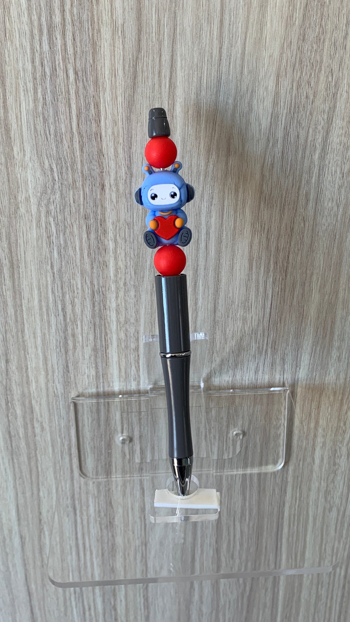 Handmade Kawaii Monster & Heart Beaded Pen - Gunmetal & Blue