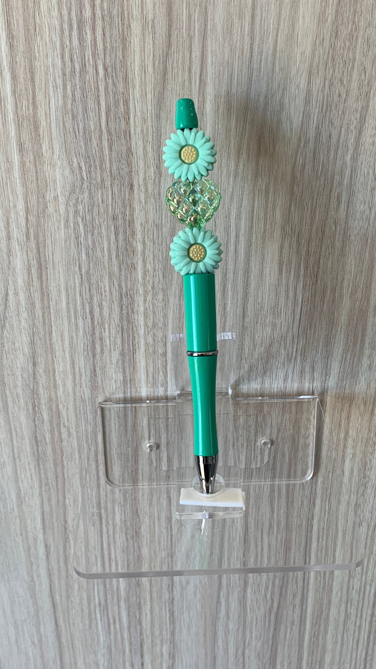 Handmade Daisy Flower Beaded Pen – Teal & Green