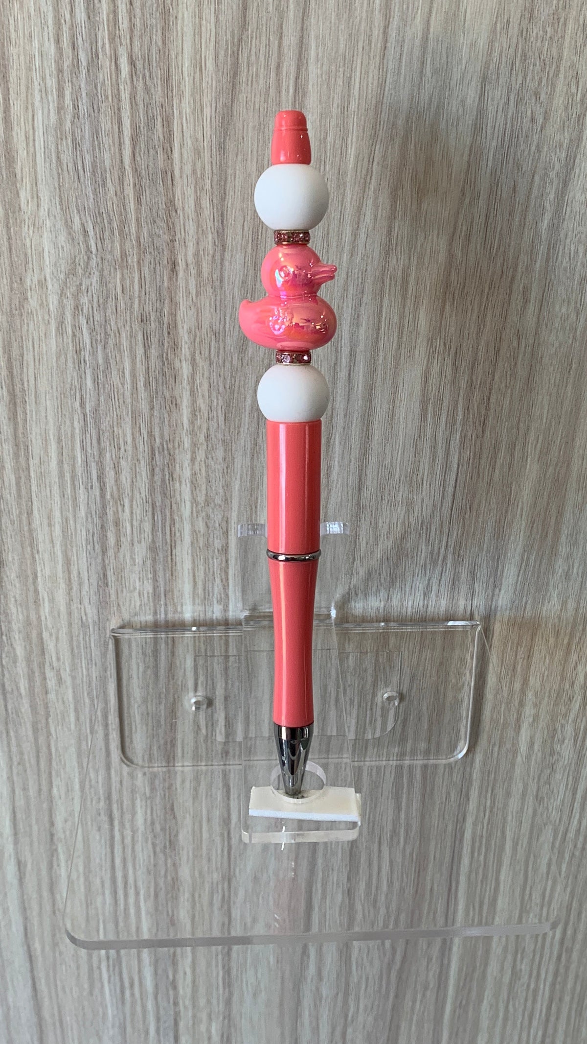 Handmade Iridescent Duck Beaded Pen - Coral & Pink