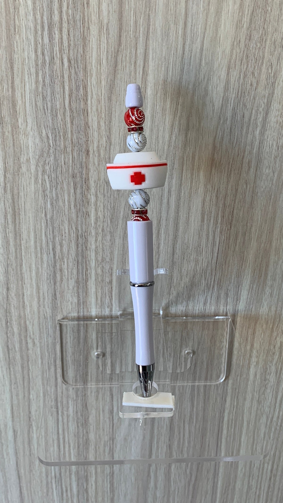 Handmade Nurse Cap Beaded Pen - White & Red