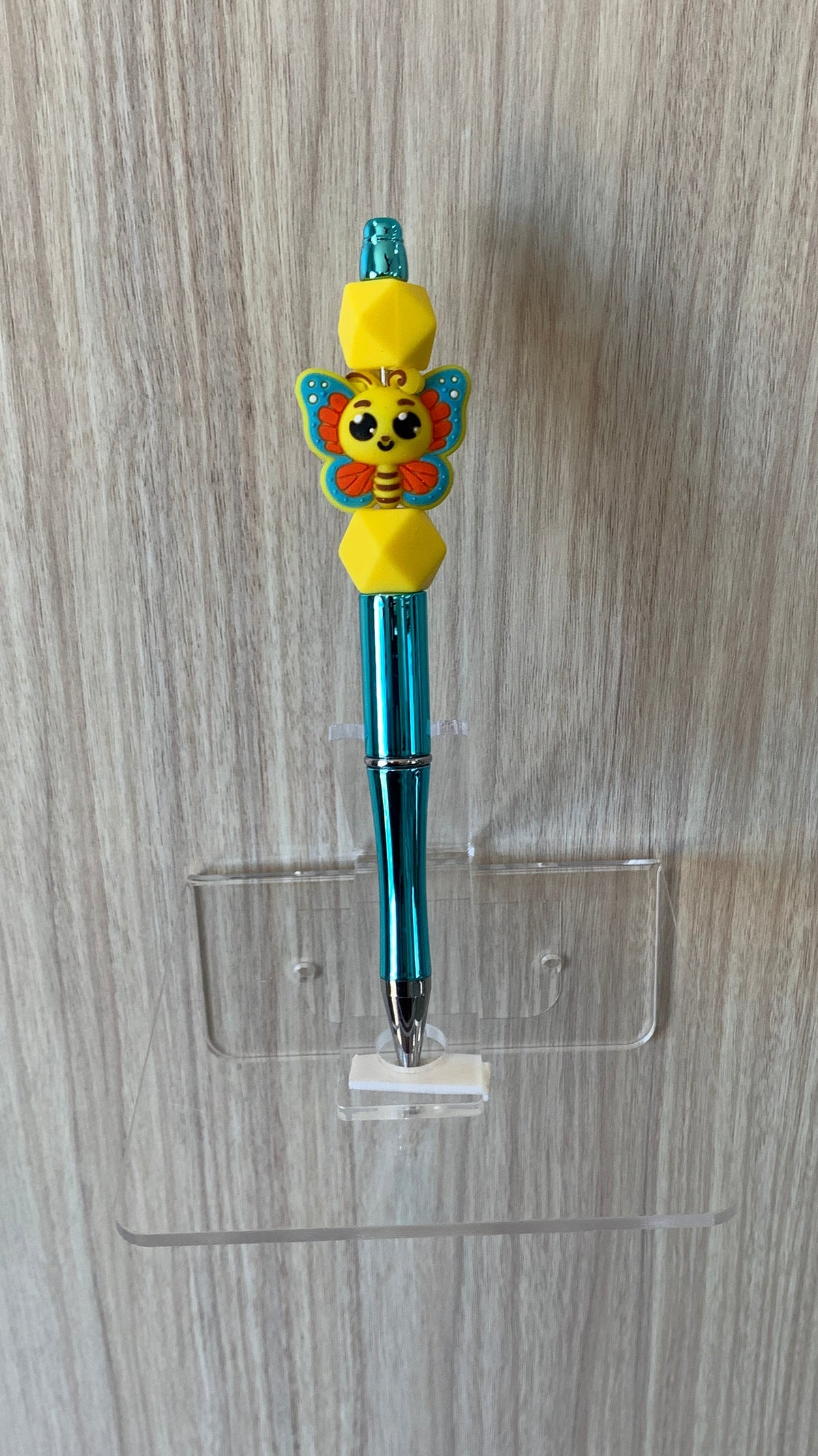 Handmade Kawaii Bee Butterfly Beaded Pen - Teal & Yellow