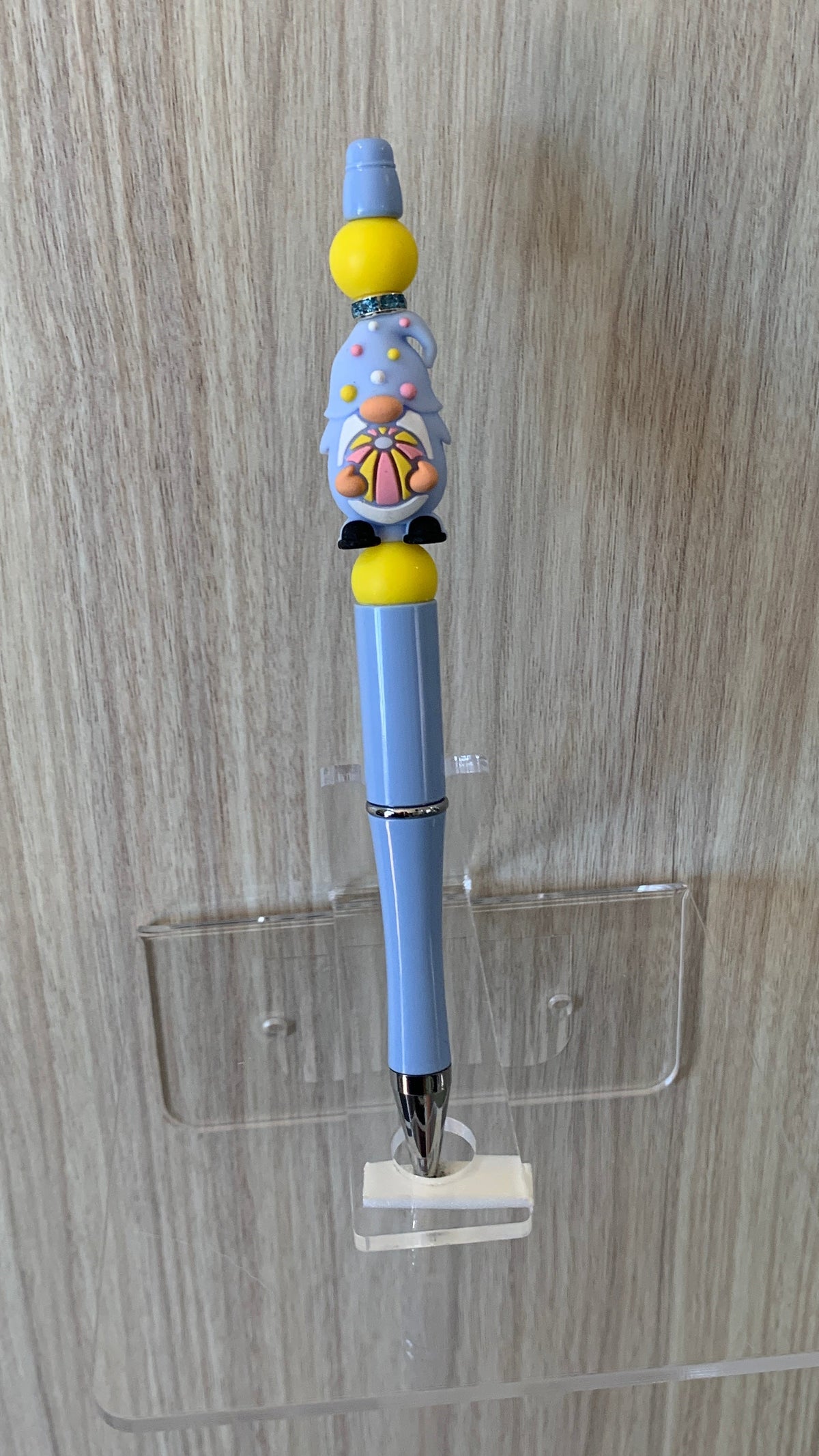 Handmade Gnome Charm Beaded Pen – Periwinkle Blue & Yellow