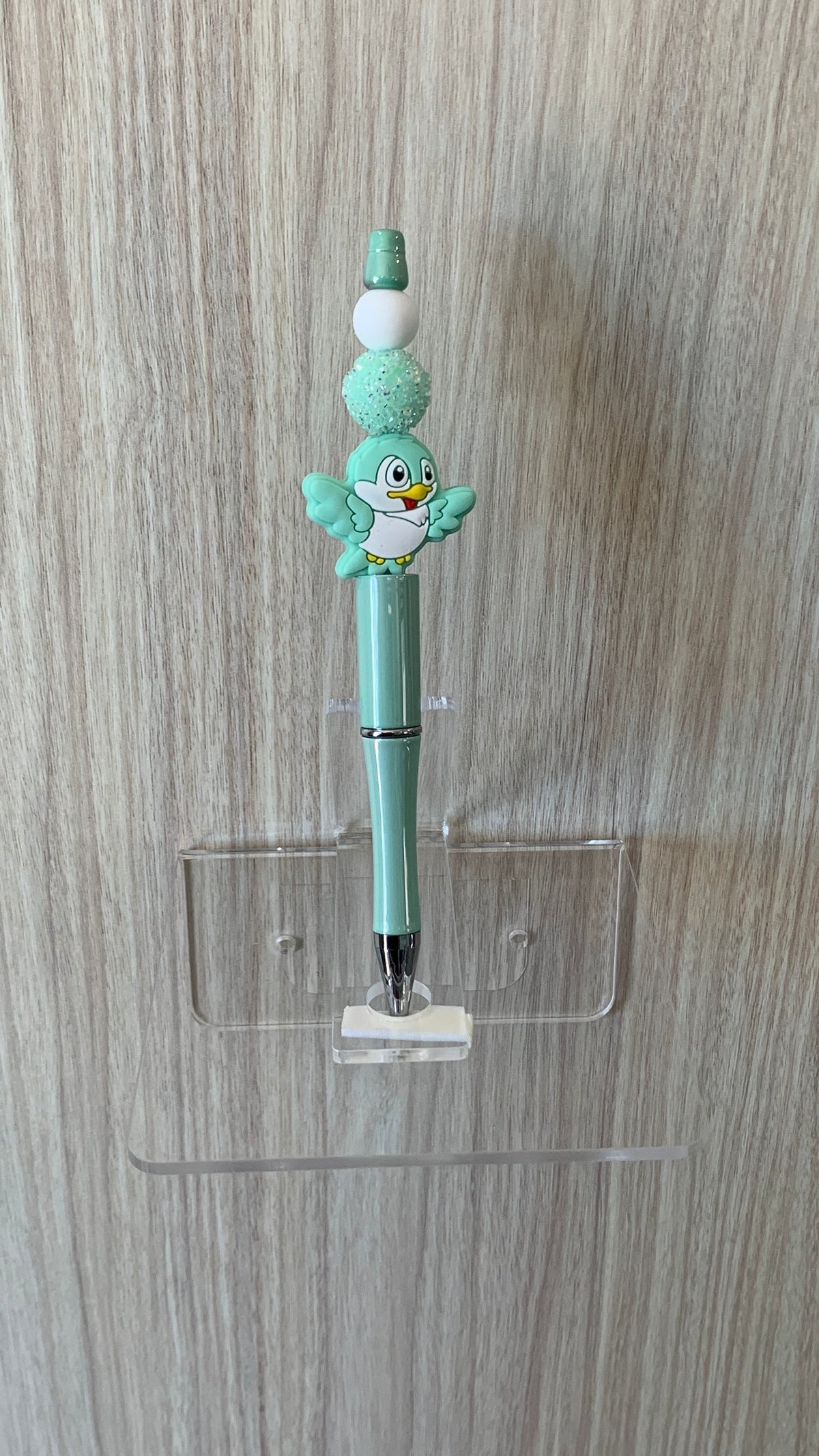 Handmade Kawaii Bird & Pom Pom Beaded Pen - Mint Green