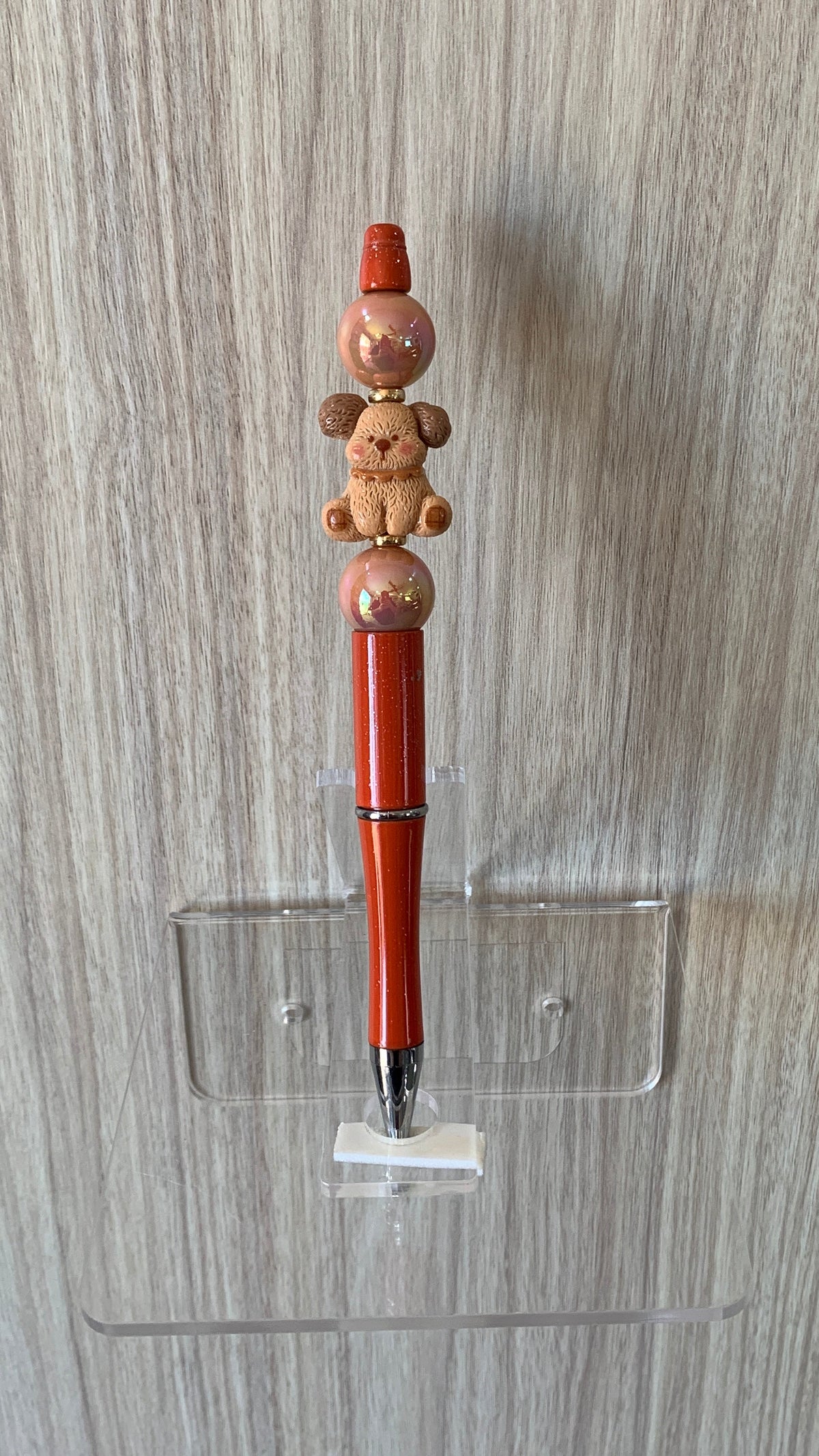 Beaded Pen - Red Puppy Dog Charm Iridescent Pink Gold Ball Beads
