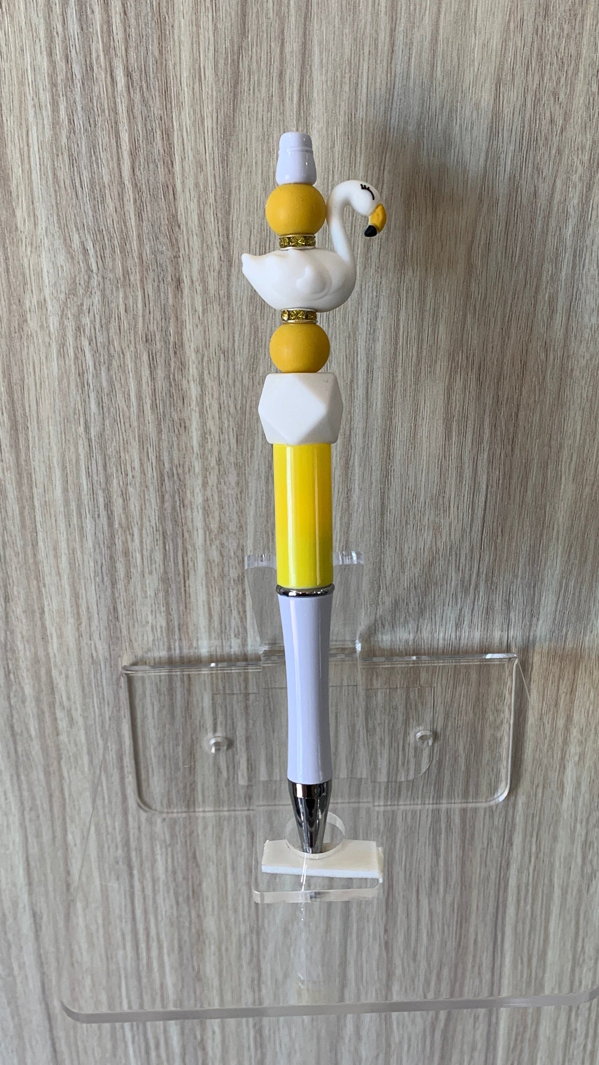 Handmade Swan & Pom Pom Beaded Pen - White & Yellow