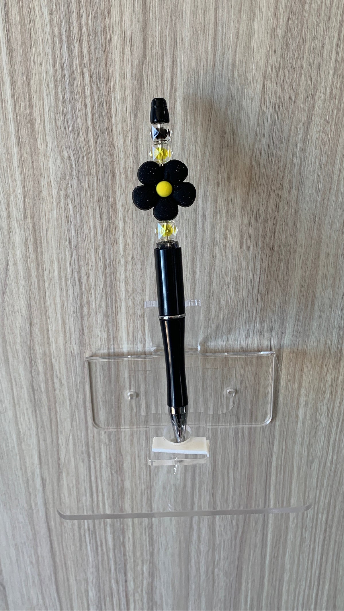Beaded Pen - Black Daisy Flower Bead Yellow Faceted Beads