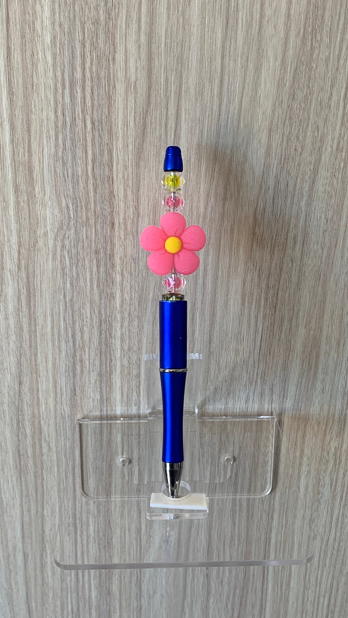Beaded Pen - Blue Pink Daisy Flower Bead Yellow Pink Faceted Beads