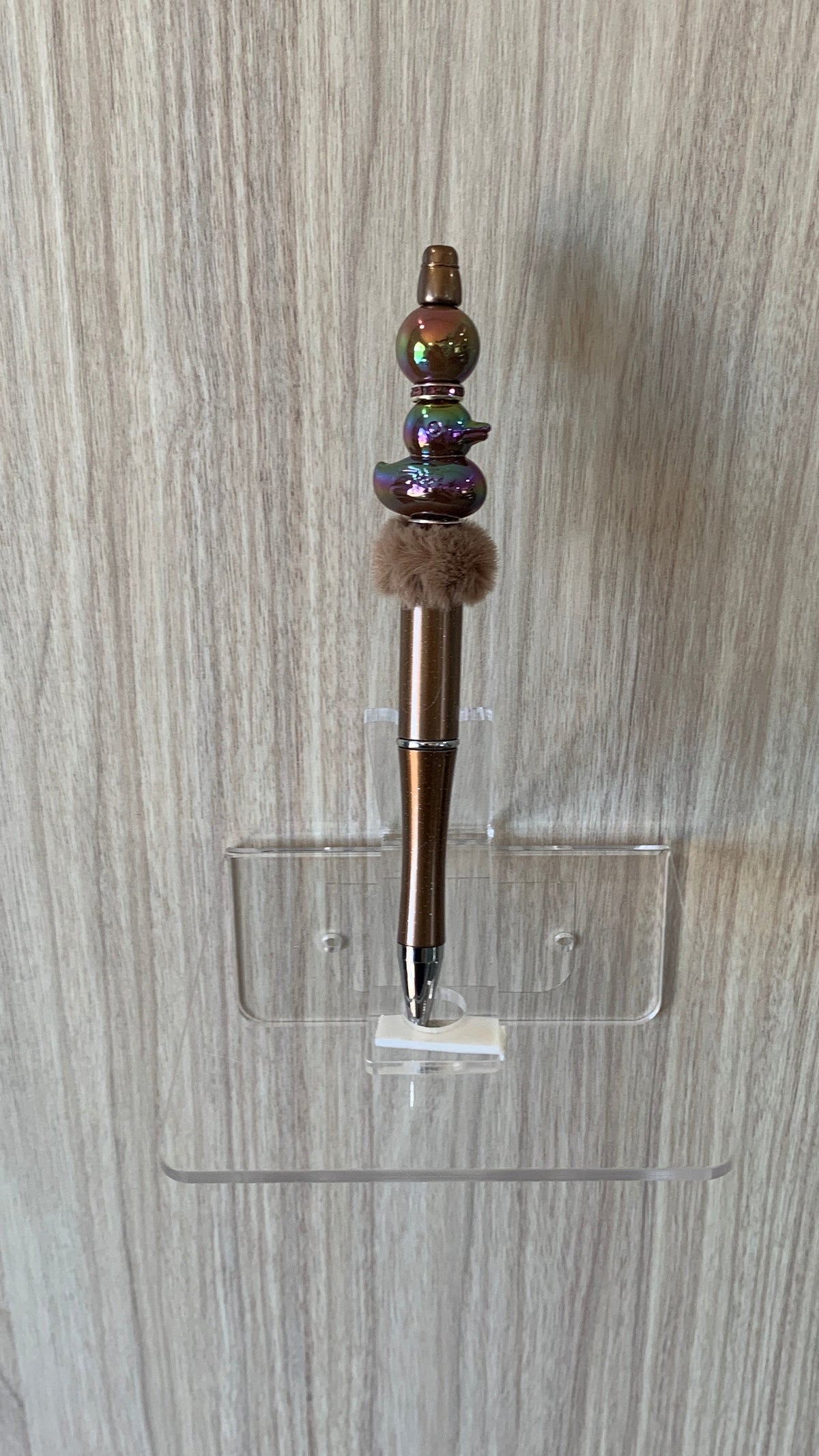 Handmade Iridescent Duck Charm Beaded Pen – Bronze & Fluffy