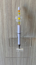 Beaded Pen - White Daisy Flower Bead Yellow Amber Faceted Beads